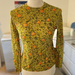 RARE! Authentic Vintage - LEONARD PARIS Green Blouse w/ Yellow & Orange Flowers
